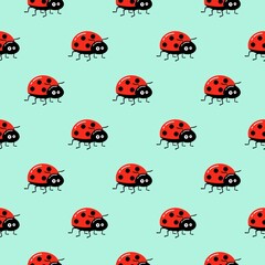 Seamless background with cartoon ladybug on green. Simple pattern. Vector illustration.