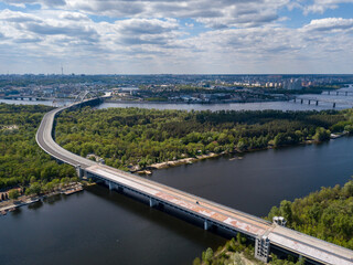 Aerial drone view. Unfinished bridge in Kiev, sunny summer day.