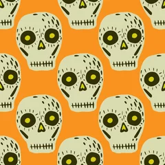 Fotobehang Mexican day og death holiday seamless skull pattern. Doodle grey ornament on yellow background. © Lidok_L