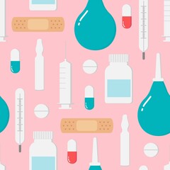 Seamless pattern of Medical flat line icons. Medicine and Pharmacy elements outline icons isolated on pink background.