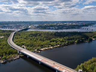 Aerial drone view. Unfinished bridge in Kiev, sunny summer day.