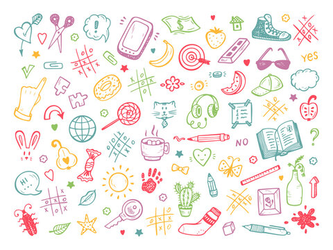 Back to school. Different objects Vector set. Workplace concept. Mess on the table. Messy desk. Hand Drawn Doodle Icons Tic Tac toe, Stationery, Food and other. Desktop.
