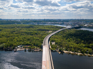 Aerial drone view. Unfinished bridge in Kiev, sunny summer day.