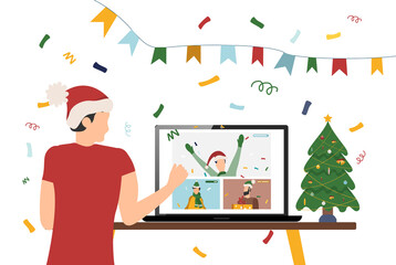 Obraz na płótnie Canvas People wishing Merry Christmas and Happy New Year, celebrating holiday and giving gifts via video call or web conference in 2021. Flat vector illustration for web, banner, poster, vector