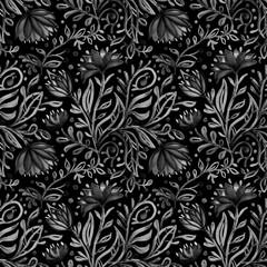 Seamless black-white monochrome floral pattern. Repeating background with simple abstract watercolor bouquets with flowers and leaves. Hand drawn decor for fabric print or wallpaper. 
