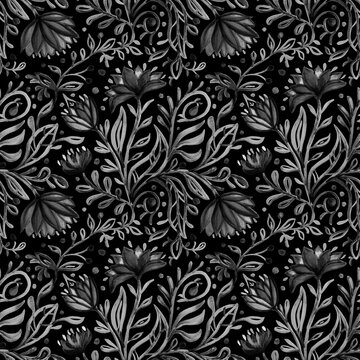 Seamless black-white monochrome floral pattern. Repeating background with simple abstract watercolor bouquets with flowers and leaves. Hand drawn decor for fabric print or wallpaper. 
