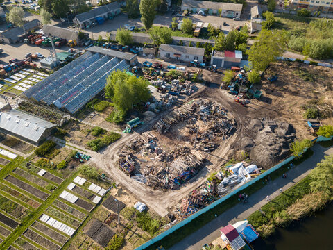 Aerial drone top view. Wood warehouse.