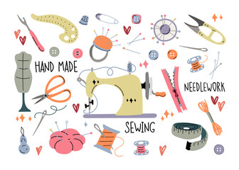Set of sewing accessories. Needlework and sewing concept. Sewing tools scissors, sewing machine, thread, needle, pin, 