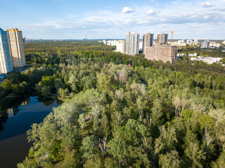 Fototapeta na wymiar Aerial drone view. Kiev city park.