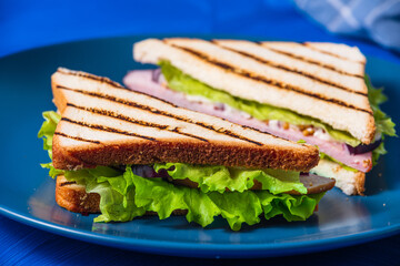 Ham and greens sandwich on a blue background.
