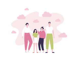 Happy family character concept. Vector flat male and female people illustration. Couple of caucasian or asian mother and father with son and daughter kid together. Man and woman parent person.