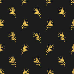 Seamless pattern. Gold bamboo leaves on a black background. Vector.