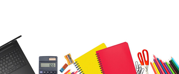 School supplies items. Bottom border on a white background. Back to school during concept with copy space