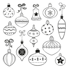 Set of line art Christmas ornaments hanging on ribbons. Vintage decorative baubles isolated on white. Retro hand drawn style designs for Christmas and New Year, cards, invitations, giftware.