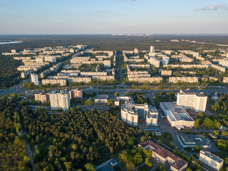 Obraz premium Aerial drone view. Residential buildings in Kiev. Summer sunny day.