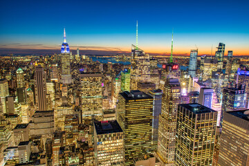 NEW YORK CITY - DECEMBER 7, 2018: Night skyline of Midtown Manhattan, aerial view at night