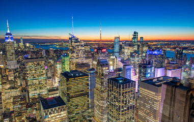 NEW YORK CITY - DECEMBER 7, 2018: Night skyline of Midtown Manhattan, aerial view at night