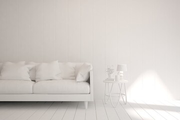 White minimalist living room with sofa. Scandinavian interior design. 3D illustration