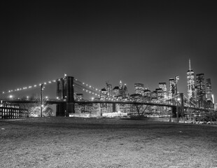 The Brooklyn Bridge at night with Manhattan skyline on background and green meadow in foreground, New York City