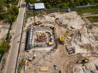Aerial drone view. Bridge construction site in Kiev.