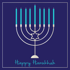 silver Hanukkah menorah graphic on blue