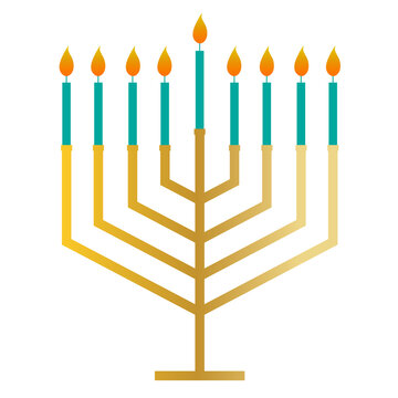 gold modern Hanukkah menorah with blue candles