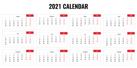 2021 yearly calendar - 12 months yearly calendar set for 2021 year. Vector illustration.