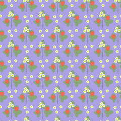 Strawberry bush with berries and flowers. Seamless vector pattern.