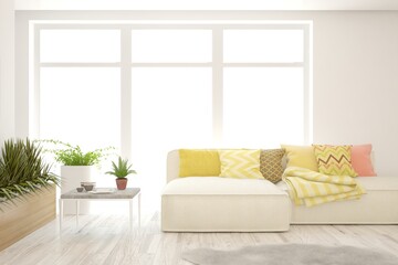 White living room with sofa. Scandinavian interior design. 3D illustration