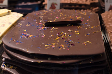 Typical sales of huge chocolate bars at the store in Lugano. Swiss chocolate on sale