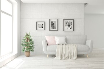Obraz premium White living room with sofa. Scandinavian interior design. 3D illustration