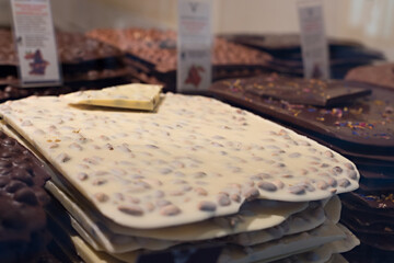 Typical sales of huge chocolate bars at the store in Lugano. Swiss chocolate on sale