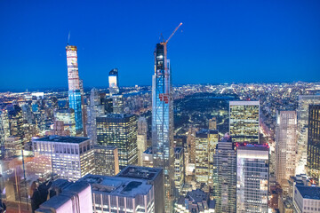 Night skyline of Midtown Manhattan, aerial view at night
