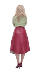 blonde woman looking at a white screen. isolated on a white