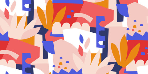 Abstract tropical background. Trendy vector pattern with cut out shapes. Collage print.