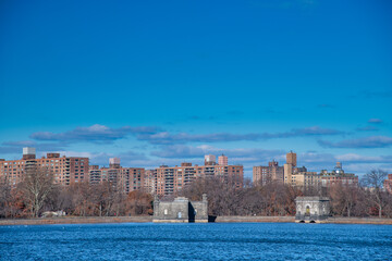 Manhattan skyline on a winter day from Central Park Lake, New York City