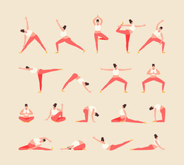 Flexible girl practicing yoga. Various asanas vector illustration