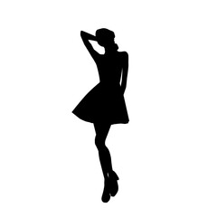 Posing woman in mini dress, black vector silhouette