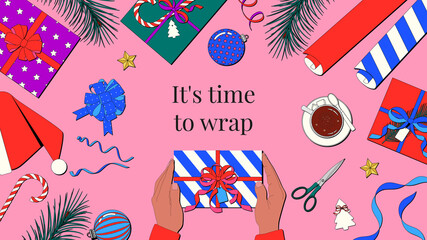 Winter holidays gift wrapping in the concept of New Year celebration. It’s time to wrap flat lay vector illustration in outline style.