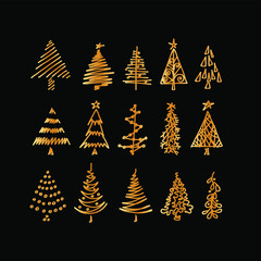 Vector set with Christmas tree. Golden Christmas trees.
