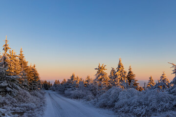 Sunrise in winter landscape near Velka Destna, Orlicke mountains, Eastern Bohemia, Czech Republic