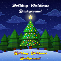 Fototapeta na wymiar Christmas Landscape, Night Winter Forest, Background for Holiday Design with Fir Trees, Snow, Sky with Clouds and Stars. Vector