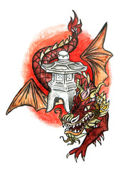 Hand drawn watercolor illustration Dragon with Japanese lantern