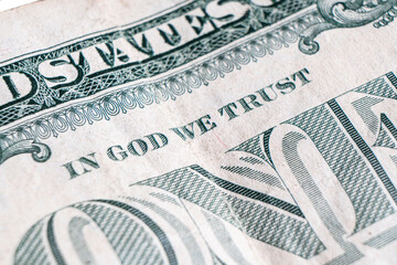 One dollar bill close up photo. Detail of US one dollar banknote with. Macro shot of single dollar bill. Top view of USA currency note with inscriptions