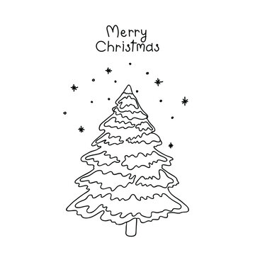 Hand-drawn Christmas card with tree and snowflakes. Christmas tree  black-white outline.