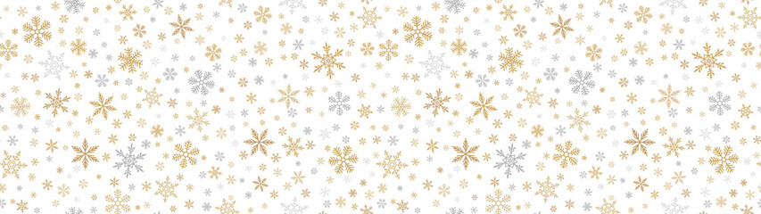 Snowflake border background. Vector seamless pattern with small gold and silver snowflakes. Luxury golden Christmas texture. Winter holidays theme. Wide repeat design for decoration, website, banner