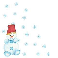 Watercolor hand painted nature winter holiday landscape composition with snowman in a red hat and blue snowflakes isolated on the white background for christmas, new year greeting cards
