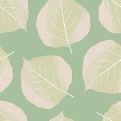 Aspen leaf seamless vector pattern background. Beautiful duotone hand drawn leaves light green off white backdrop. Painterly watercolor effect. Botanical foliage design. Organic all over print.