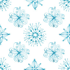 Watercolor hand painted nature snow winter holiday seamless pattern with blue different snowflakes isolated on the white background for christmas, new year print design