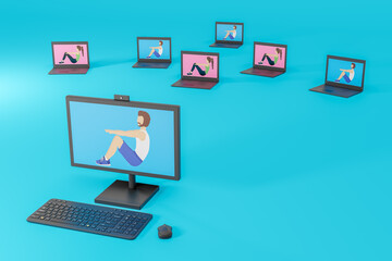 Online digital workout session live with personal trainer using webcam and computer. 3D Illustration